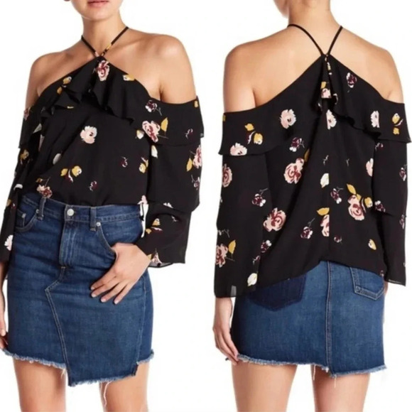 1. State Halter Neck Floral Tiered Top Black Size XS - Picture 2 of 11